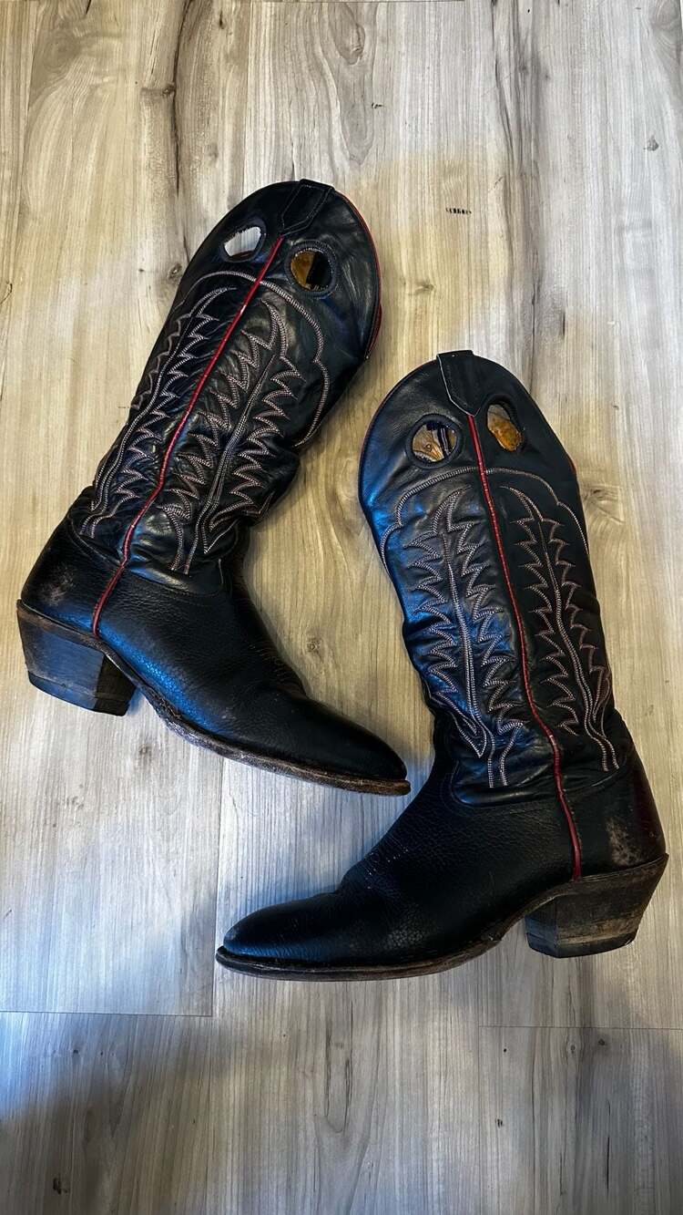 Vintage Tony Lama Tall Black Bullhide Western Cowboy Boots with Red Piping and P
